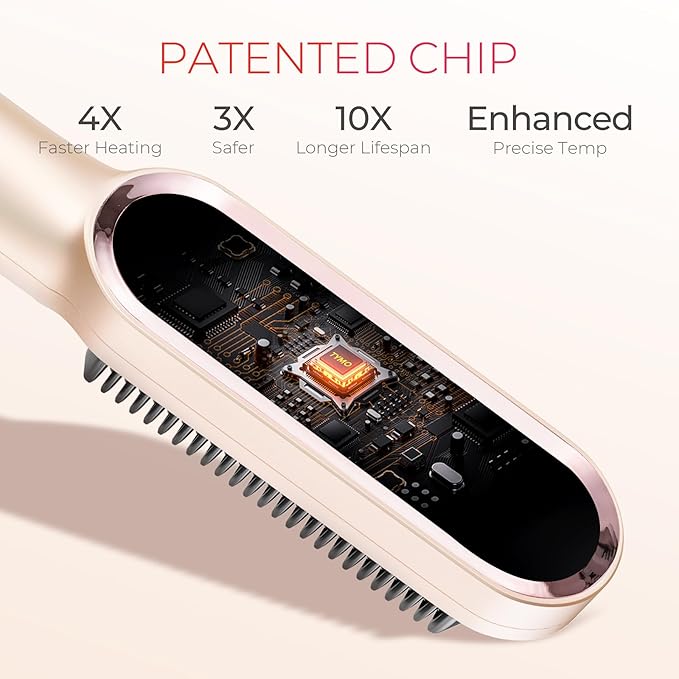 TYMO Ring Hair Straightener Brush – Hair Straightening Iron with Built-in Comb, 20s Fast Heating & 5 Temp Settings & Anti-Scald, Perfect for Professional Salon at Home, Peach