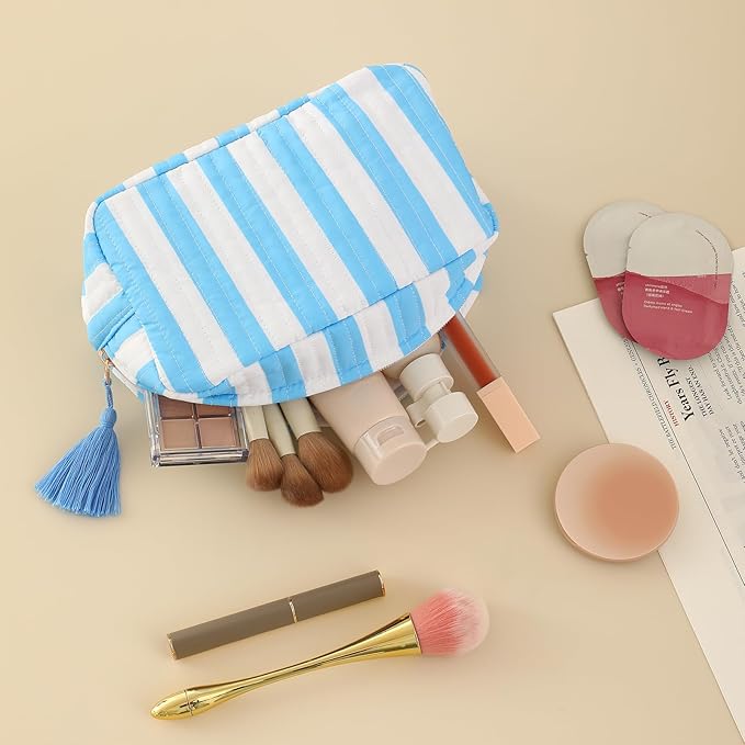 Quilted Makeup Bag for Women, Stripe Cosmetic Pouch with Tassel Zipper Travel Toiletry Organizer (White-Blue)