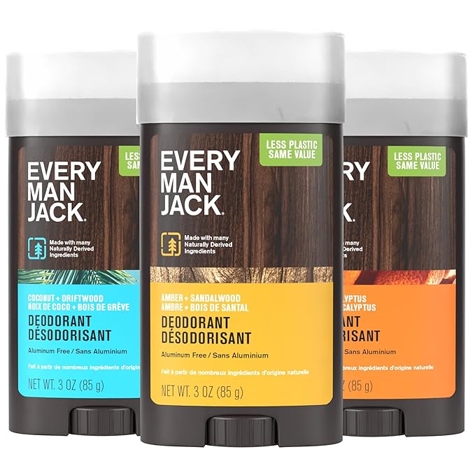 Every Man Jack Men's Deodorant Variety Set - Includes 3 Full-Sized Aluminum Free Natural Deodorant Sticks - Coconut + Driftwood, Citrus + Eucalyptus, Amber+ Sandalwood - 3oz (3 Pack)