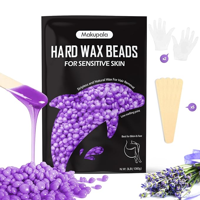 3 lb Hard Wax Beads, Brazilian Hair Removal Waxing Bead Refill Bulk for Waxing Studio & Home Use Stripless Wax Bean for Face Bikini Body Face Sensitive Skin with 5 Applicators Lavender