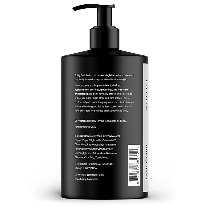 Boldly Basic Fragrance Free Lotion - Moisturizer for Dry and Sensitive Skin - Non Greasy - Unscented - Dermatologist Tested - No Sulfates, Parabens or Gluten - Hypoallergenic & Moisturizing