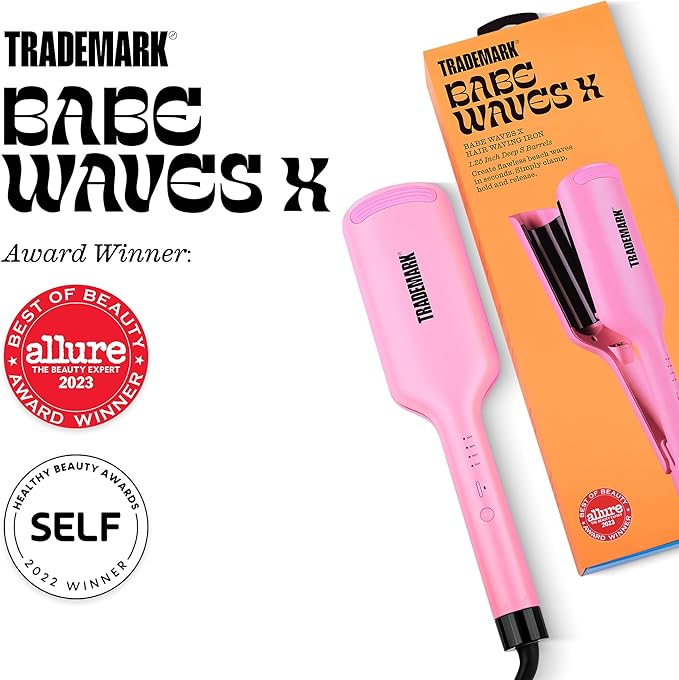 Trademark Beauty Hair Waver - Double Barrel Hair Crimper, Beach Waves Curling Iron, Babe Waves X, Adjustable Temperature Hair Curler, Hair Styling Tools, 1.25" - Pink