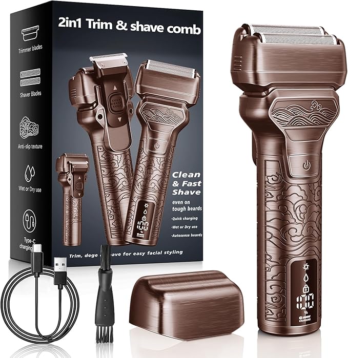 Electric Foil Shaver for Men: Rechargeable Razor with Push-Up Trimmer for Face - Cordless Wet/Dry/Anti-Slip Waterproof Shavers with LED Display - Metal Handheld Design, DEEP Brown
