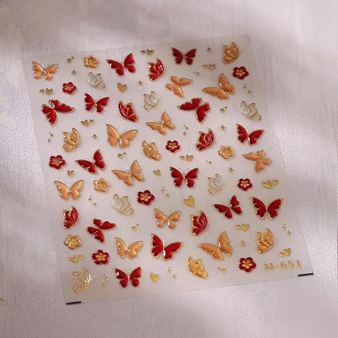 Butterfly Nail Stickers for Nail Art 5D Embossed Flower Nail Art Stickers Green Red Gold Butterfly Nail Decals Self-Adhesive Spring Summer Nail Design for Women Girls 2Sheets