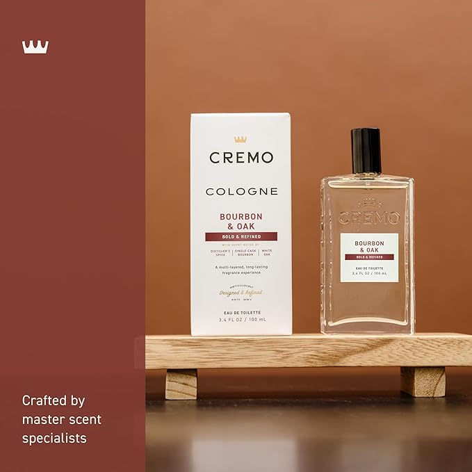 Cremo Cologne For Men - Bourbon & Oak Mens Cologne Spray, A Sophisticated Blend of Distiller’s Spice, Fine Bourbon and White Oak, Multi-Layered Signature Men's Fragrances, 3.4 Fl Oz