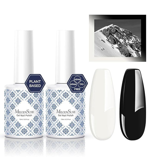 MelodySusie Fleurwee Plant Based Gel Nail Polish, 2 Pcs Hema Free Gel Polish, Black and White Nail Polish 21 Non Toxic Long Lasting Nail Art Salon DIY Manicure at Home Gift for Women