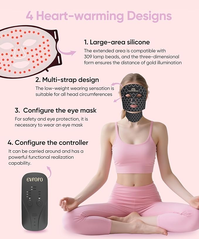 Red Light Photon Facial & Neck Mask with Remote Control, 7 Custom Modes with Infrared, Portable & Rechargeable with Timer for Home Use, 850nm Infrared & Red Light Masks, Black