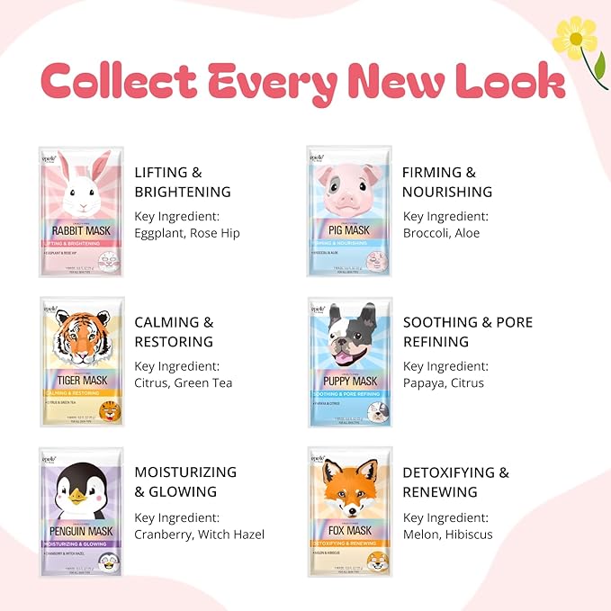 Epielle Character Face Mask Fuzzy Friends 12 Pack, Fun & Effective Korean Skin Care, Spa Party Favors, Stocking Stuffers, Birthday Gifts for Women, Thanksgiving Essentials