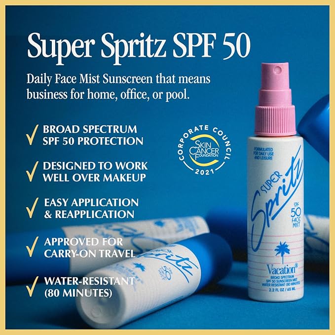 Vacation Super Spritz SPF 50 Face Mist & Air Freshener Bundle, Daily Face Sunscreen Spray, Clean & Lightweight Feel, Water-Resistant, Non-Comedogenic, Vegan, Travel Size, 2.2 Fl. Oz.