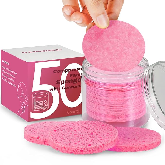 GAINWELL 50-Count Compressed Facial Sponges with Storage Container, for Facial Cleansing, Reusable Makeup Remover, Portable, Suitable for Travel, Pink