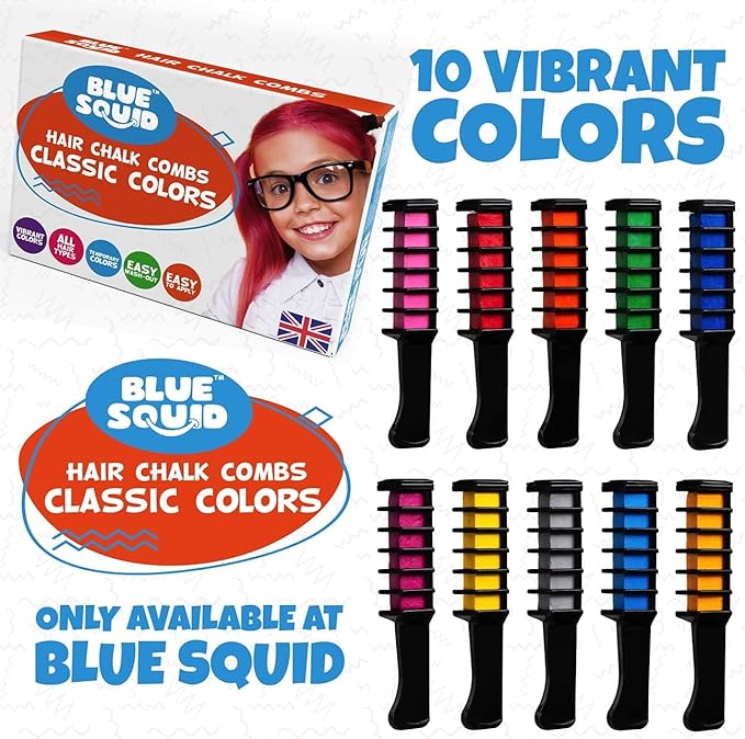 Blue Squid Hair Chalk Comb - 10 Vibrant Temporary Hair Colors for Girls & Teens, Washable Hair Dye, Perfect for Parties, Cosplay, Halloween, Paraben Free, Suitable for All Hair Colors