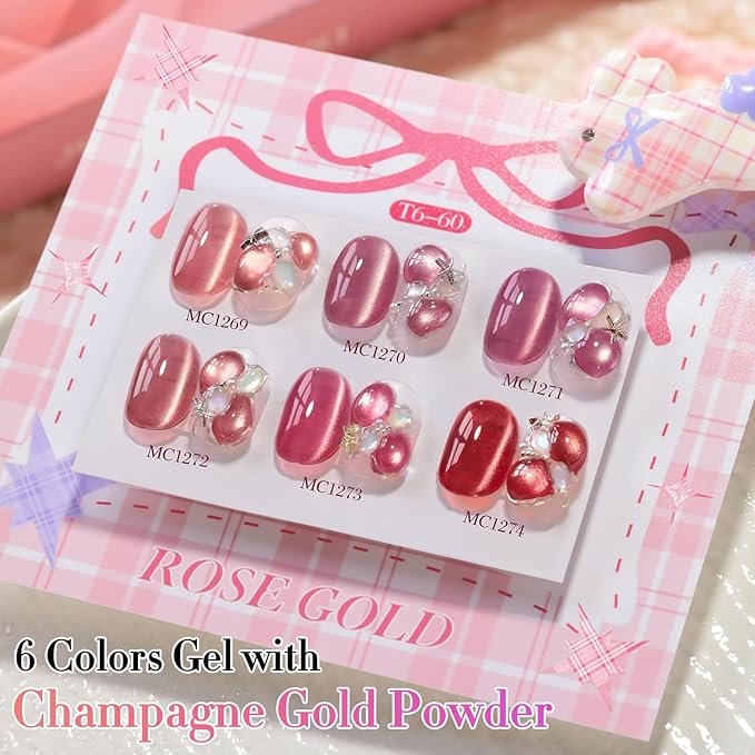 Double Rhythm Cat Eye Gel Nail Polish Set of 6 Same Color Same Bottle 0.5 Oz Shimmer Glitter with Magnet Holographic Reflective Magnetic UV Nail Polish Kit at Home (Golden Rose Pink-T6-60)