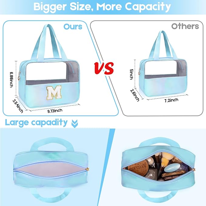 Personalized Initial L Clear Blue Makeup Bag - Large Travel Toiletry Bag, Cute Cosmetic Organizer Set for Girlfriend, Teacher, Teen Girl Gifts