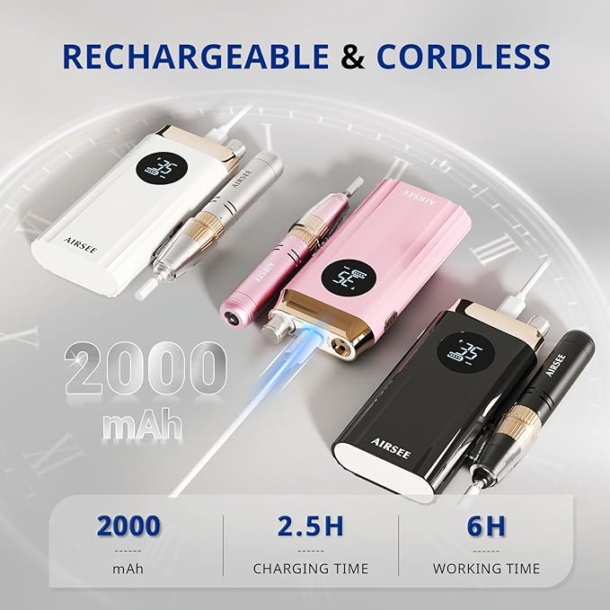 AIRSEE Professional Portable Nail Drill 35000RPM,Rechargeable Cordless Nail Drill for Manicure Salon Home, Eletric NALI E File for Acrylic Nails Gel Polishing Removing, EW4 Pink