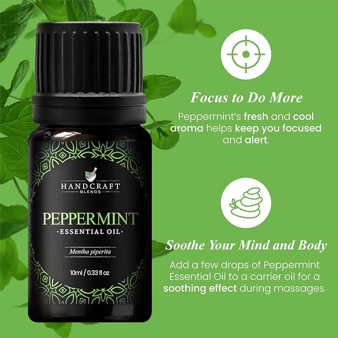 Handcraft Blends Peppermint Essential Oil – 0.33 Fl Oz – 100% Pure and Natural – Premium Grade Essential Oil for Diffuser and Aromatherapy, Skin, Massage, Candle and Soap Making Fragrance