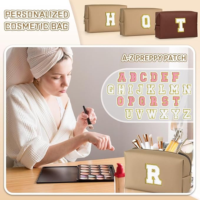 TOPEAST Travel Makeup Bag, Personalized Initial Toiletry Bag w Zipper, Cute Makeup Pouch, PU Leather Waterproof Cosmetic Bag, Birthday Gift for Daughter, Preppy Things for Girls (Khaki G)