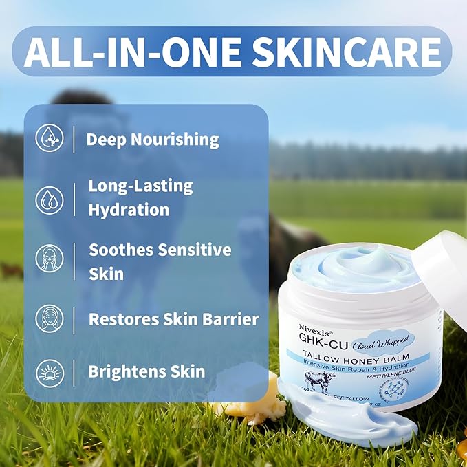 Methylene Blue Whipped Beef Tallow for Skin, Grass Fed Beef Tallow and Honey Balm for Face & Body, with Copper Peptides GHK-Cu Anti-Aging Moisturizer, Suitable for All skin types, 2 Oz