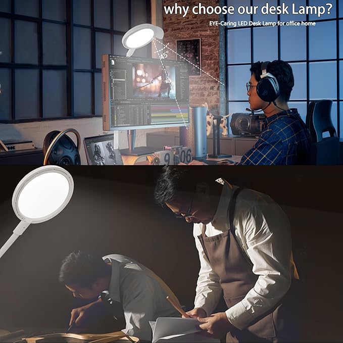 30" LED Desk Lamp with clamp,8.4" Ring Lights Natural Light Protects Eyes Dimmable Office Lamp with 25 Lighting&1500lum, Night Light and Memory Function,Monitor,Study,Work,Nail | White