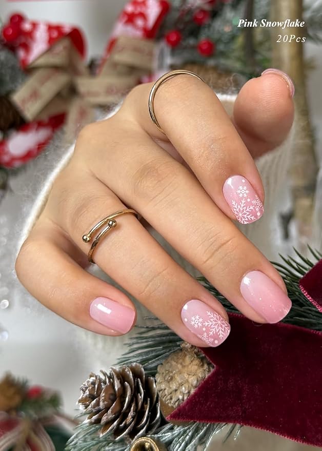 Semi Cured Gel Nail Strips (Pink Snowflake), 20 Pcs Christmas Gel Nail Wraps, Stickers, Salon Quality, Long Lasting, Works With Any UV Lamps