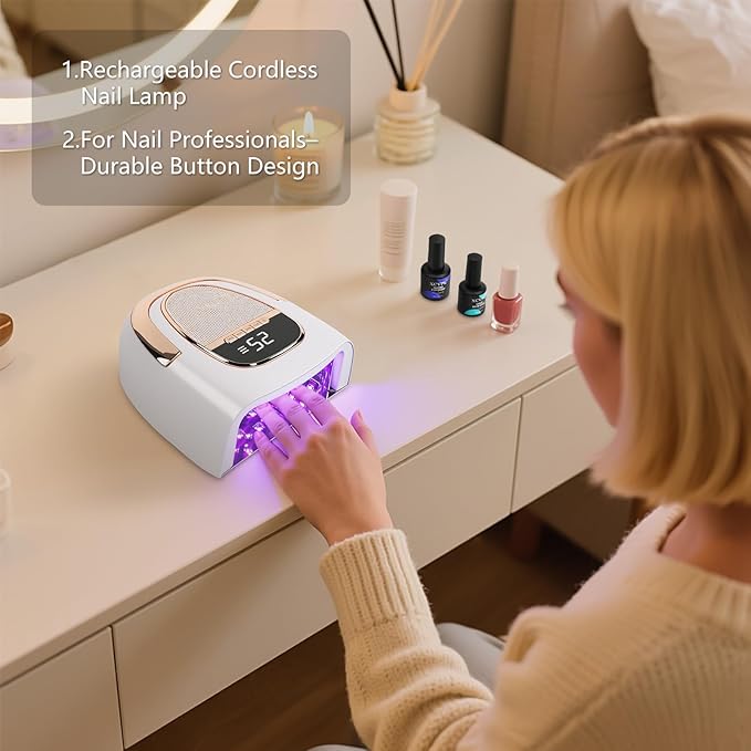 96W Professional Cordless Nail Lamp for Gel & Acrylic Nails – 60S Fast-Curing UV/LED Light with 15600mAh Rechargeable Battery (60+ Uses), Smart Sensor & Metal Base for Home and Salon