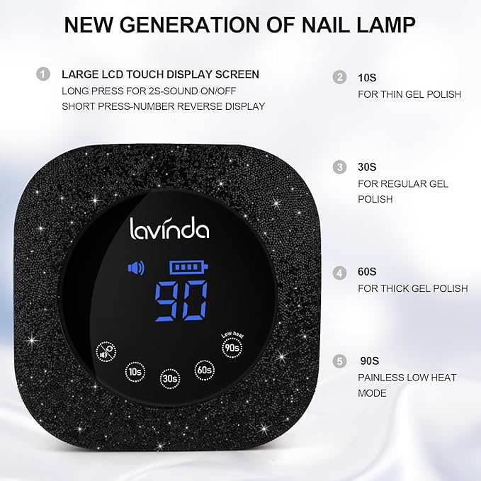 Lavinda 54W UV Nail Lamp, UV Light for Gel Nails, Cordless Rechargeable UV LED Nail Lamp Nail Light with 4 Timer and LCD Display, Professional Fast Curing Lamp Nail Dryer with Black Rhinestone