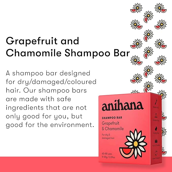 ANIHANA Shampoo Bar for Dry Damaged Safe For Color Treated Hair Moisturizing Hydrating Healthy Looking Hair Paraben Free Grapefruit and Chamomile 2.29 oz