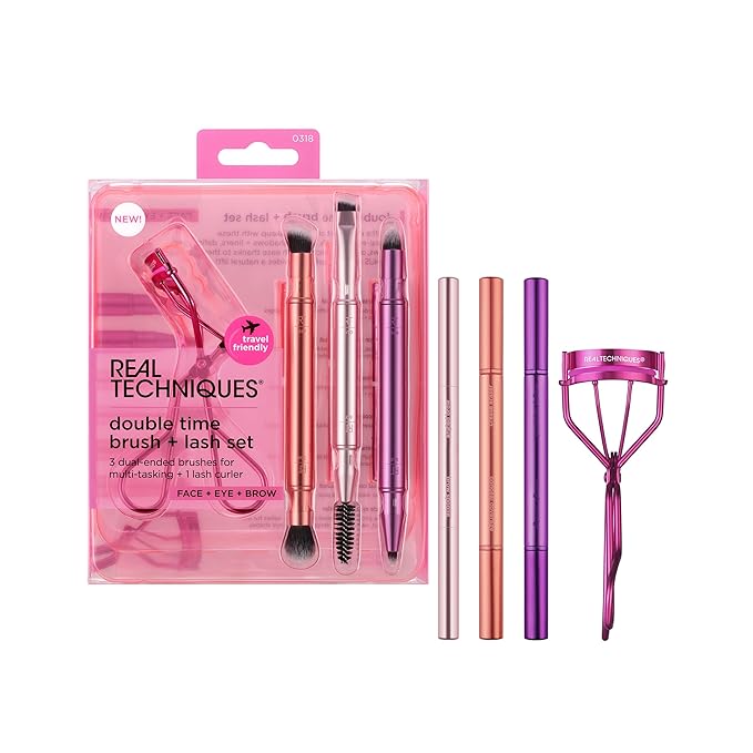 Real Techniques Double Time Brush + Lash 4 Piece Set, Dual-Ended Eye Makeup Brushes For Eyeshadow & Brows, Travel-Friendly Brush Caps For Storage, Eyelash Curler Included, Cruelty-Free