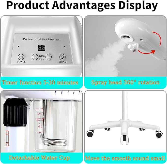 Professional Facial Steamer, Ozone Spa Face Steamer on Wheels, Adjustable Height and Angle,Estheticians Steamer More Steam,Hot Mist Facial Humidifier Atomizer for Spa Beauty, Home Use
