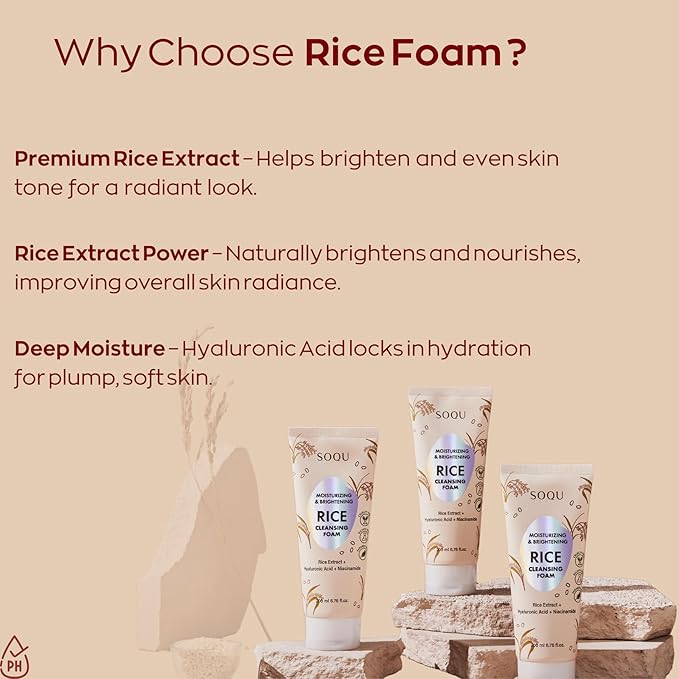 Rice Foam Cleanser with Niacinamide & Hyaluronic Acid – Gentle Korean Face Wash for Hydrating & Brightening – Made in Korea – 200ml