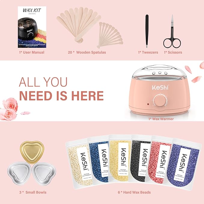 KeShi Waxing Kit, Painless Hair Removal Wax Warmer with 6 Bags Hard WaxBeans for Full Body, Legs, Face, Eyebrows & Bikini— Ideal for Both Women & Men(Blush)