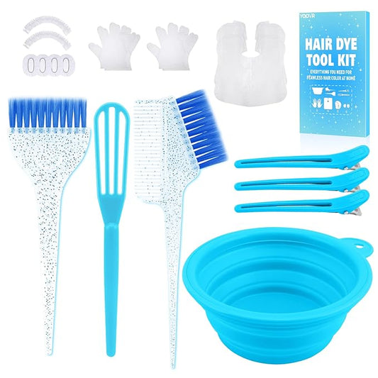 19PCS Hair Bleach Dye Kit with Hair Dye Brush and Bowl Whisk Hair Clips Protective Gear Set, Ideal for Hair Bleaching Coloring Highlighting, Essential Salon Supplies for Home Use (Blue)