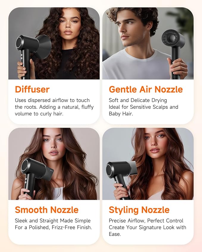 PLUZZ Professional Hair Dryer with Diffuser for Curly Hair, 400M Negative Ionic Blow Dryer for Fast Drying, 120,000 RPM High-Speed Brushless Motor, Low Noise Lightweight, Travel-Friendly (Black)