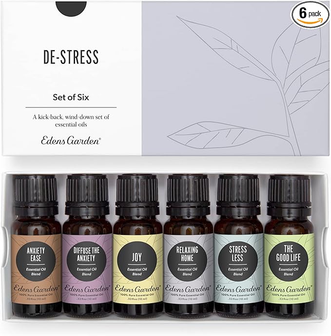 Edens Garden Essential Oils De-Stress 6 Set – 100% Pure Therapeutic Grade, Undiluted Aromatherapy Blends for Relaxation, Calming & Mood – Ideal for Diffusers, Home, Office & Self-Care, 10 ml/ 6 Pack