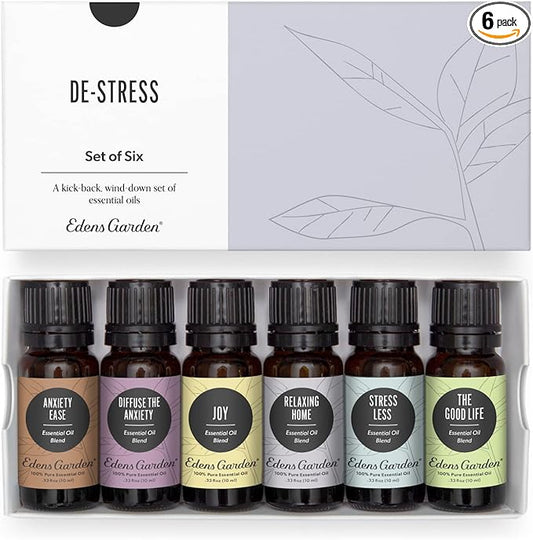 Edens Garden Essential Oils De-Stress 6 Set – 100% Pure Therapeutic Grade, Undiluted Aromatherapy Blends for Relaxation, Calming & Mood – Ideal for Diffusers, Home, Office & Self-Care, 10 ml/ 6 Pack