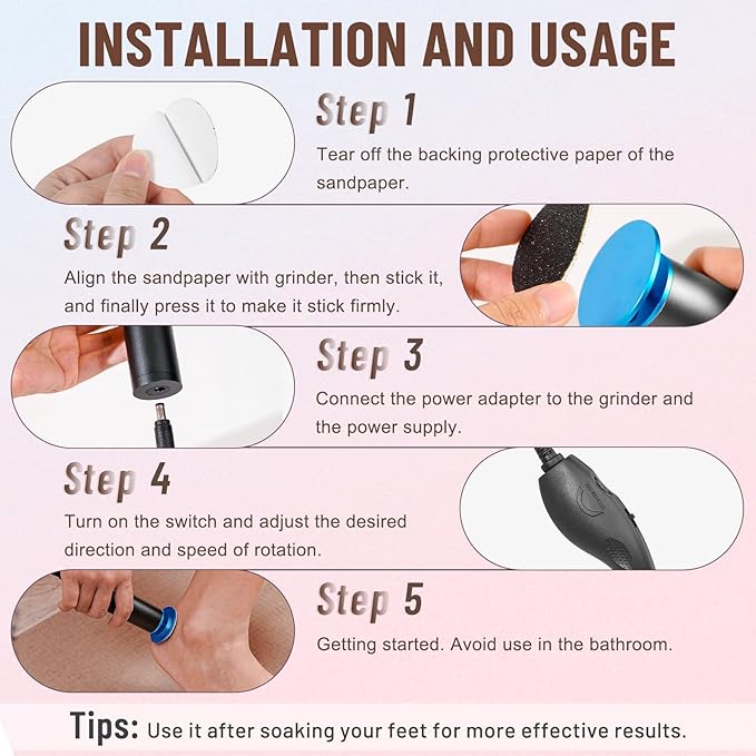 Dermawave Electric Foot File Callus Remover for Feet, Professional Foot Scrubber Sander Grinder for Dead Skin Cracked Heel, Pedicure Tool with 60 Sandpaper Discs for Men & Women
