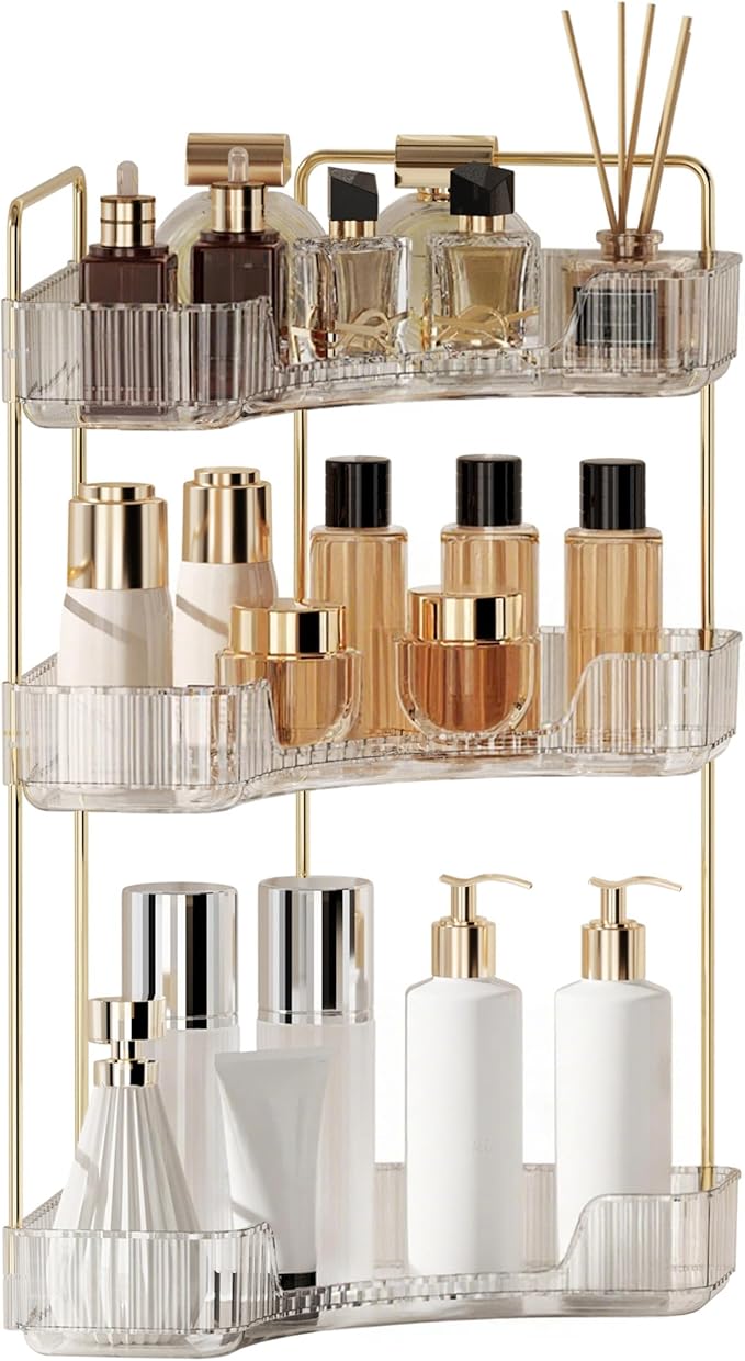 YCIA&DONE Corner Bathroom Counter Organizer, Makeup Organizer for Vanity, Skincare Cosmetic Perfume Tray, Corner Countertop Shelf Rack Storage for Bathroom Kitchen 3 Tiers (Clear White)