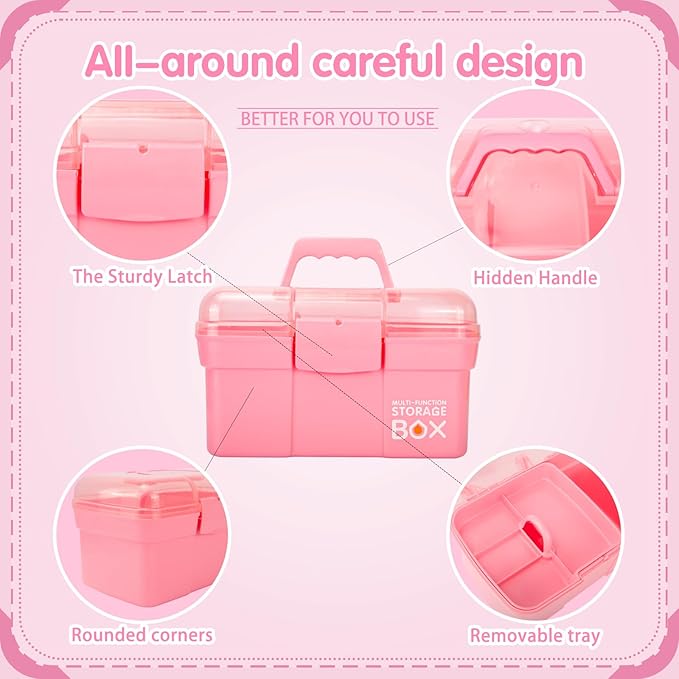 11in Mutipurpose Storage Box Organizer with Removable Tray, Portable Small Craft Organizer with Handle, Plastic Clear Tool Box Art Case for Makeup, Sewing, Nail, Hair Accessories (Pink)
