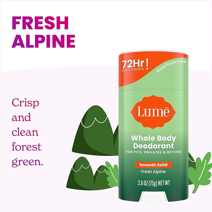 Lume Whole Body Deodorant - Smooth Solid Stick - 72 Hour Odor Control - Aluminum Free, Baking Soda Free and Skin Loving - 2.6 Ounce (Pack of 3) (Fresh Alpine)