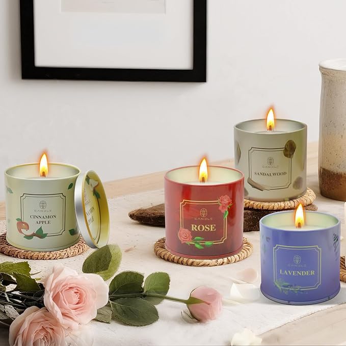 Scented Candles 4 Pack Soy Wax Long Lasting Rose Lavender Sandalwood Apple Fragrance Gifts for Women Christmas Gifts Thanksgiving Day