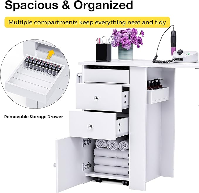 Foldable Nail Table with Dust Collector, Manicure Desk for Nail Tech, with LED Lamp, Wrist Rest, Rolling Nail Table for Salon, Home Beauty Workstation, Compact Nail Station with Storage (White)