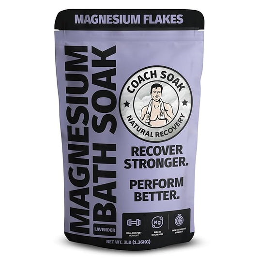Coach Soak Recovery Bath Soak - Alternative to Epsom Salt Bath Soak - Fast-Absorbing Pure Magnesium Flakes & Dead Sea Salt with 21 Minerals, Bath Salts & Essential Oils - 3 lb, Calming Lavender