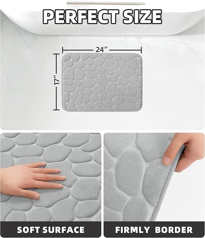YIHOUSE Memory Foam Bath Mat Cobblestone Bathroom Rugs Super Water Absorbent Bath Mats for Bathroom Machine Washable Bath Rugs(17x24,Light Gray)