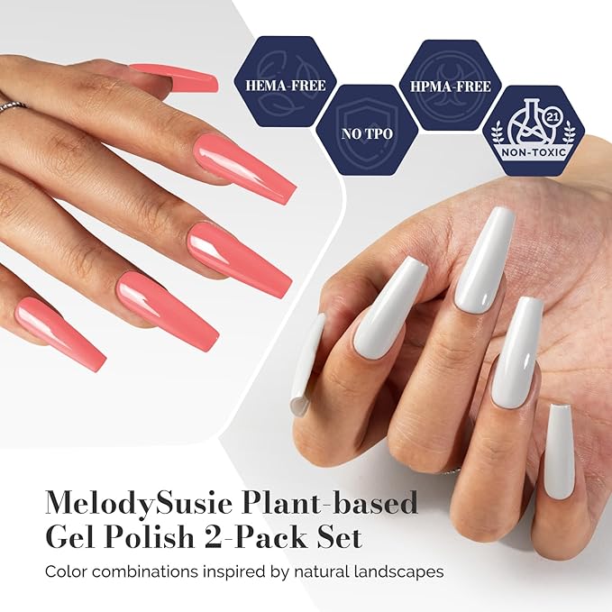 MelodySusie Fleurwee Plant Based Gel Nail Polish, 2 Pcs Hema Free Gel Polish Milky White and Coral Orange Nail Polish 21 Non Toxic Long Lasting Nail Art Salon DIY Manicure at Home Gift for Women