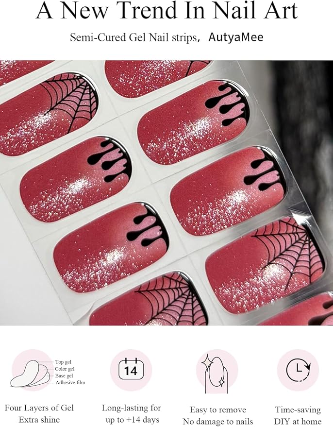 Semi Cured Gel Nail Strips (Blood Drip Cat Eye), Halloween, Spider Web, 20 Pcs Red Gel Nail Wraps, Stickers, Salon Quality, Works With Any Lamps