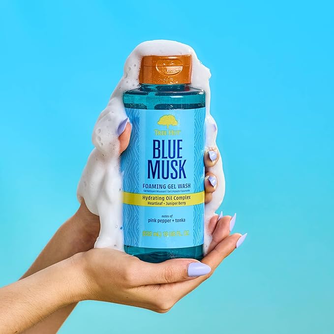 Tree Hut Blue Musk Foaming Gel Wash, Hydrating & Moisturizing Body Wash with Shea Butter & Nourishing Essential Oils, Daily Cleanser for Soft Smooth Skin, 18 fl oz