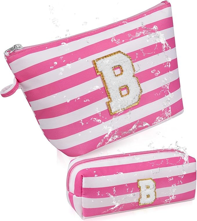 Initial Makeup Bag Personalized Stripe Cosmetic Bag Cute Waterproof Travel Toiletry Bag Birthday Gifts for 10 11 12 13 14 15 16 Years Old Teen Girl Gift Trendy Stuff (Pink B)