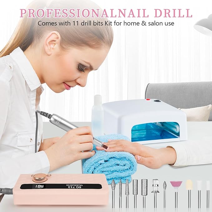 Electric Nail File Professional Kit - 45000RPM Portable Nail Drill Electric File with 11 Bits & Base丨LED Screen丨Ultra-Silent, Rechargeable Nail Drills Machine for Acrylic Nails Gel Polishing (Pink)