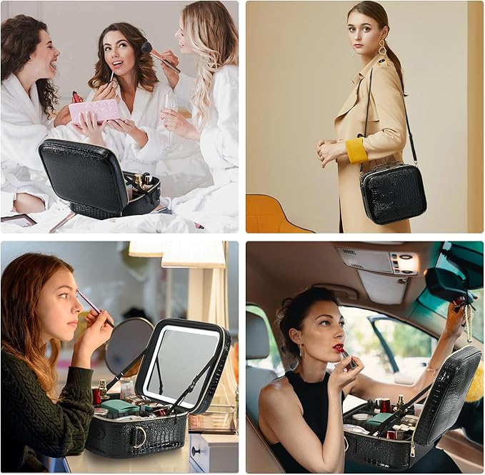 Mocado Travel Makeup Bag with LED Lighted Mirror, Travel Makeup Organizer, Makeup Case with 3 Color Lighted Setting and 10x Magnifying Mirror, Portable Storage and Adjustable Dividers (Crocodile)