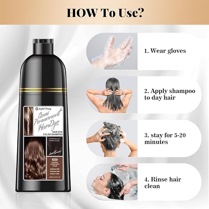 Hair Dye Shampoo 3-in-1 Vegan Color for Gray Hair - Ammonia-Free for Men & Women – Beard & Hair Coloring – Instant Gray Coverage Champú Para Canas Mujer & Hombre (CHESTNUT BROWN)