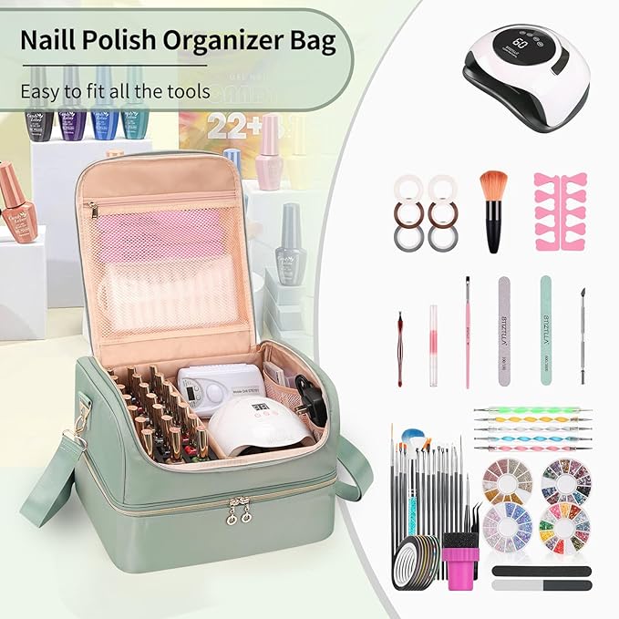 CUBETASTIC Nail Polish Organizer, Nail Tech Organizers and Storage Case Holds 69 Bottles Nail Polish & Nail Lamp, Travel Nail Supplies bag for Nail Tech Kit & Manicure Tools, Green